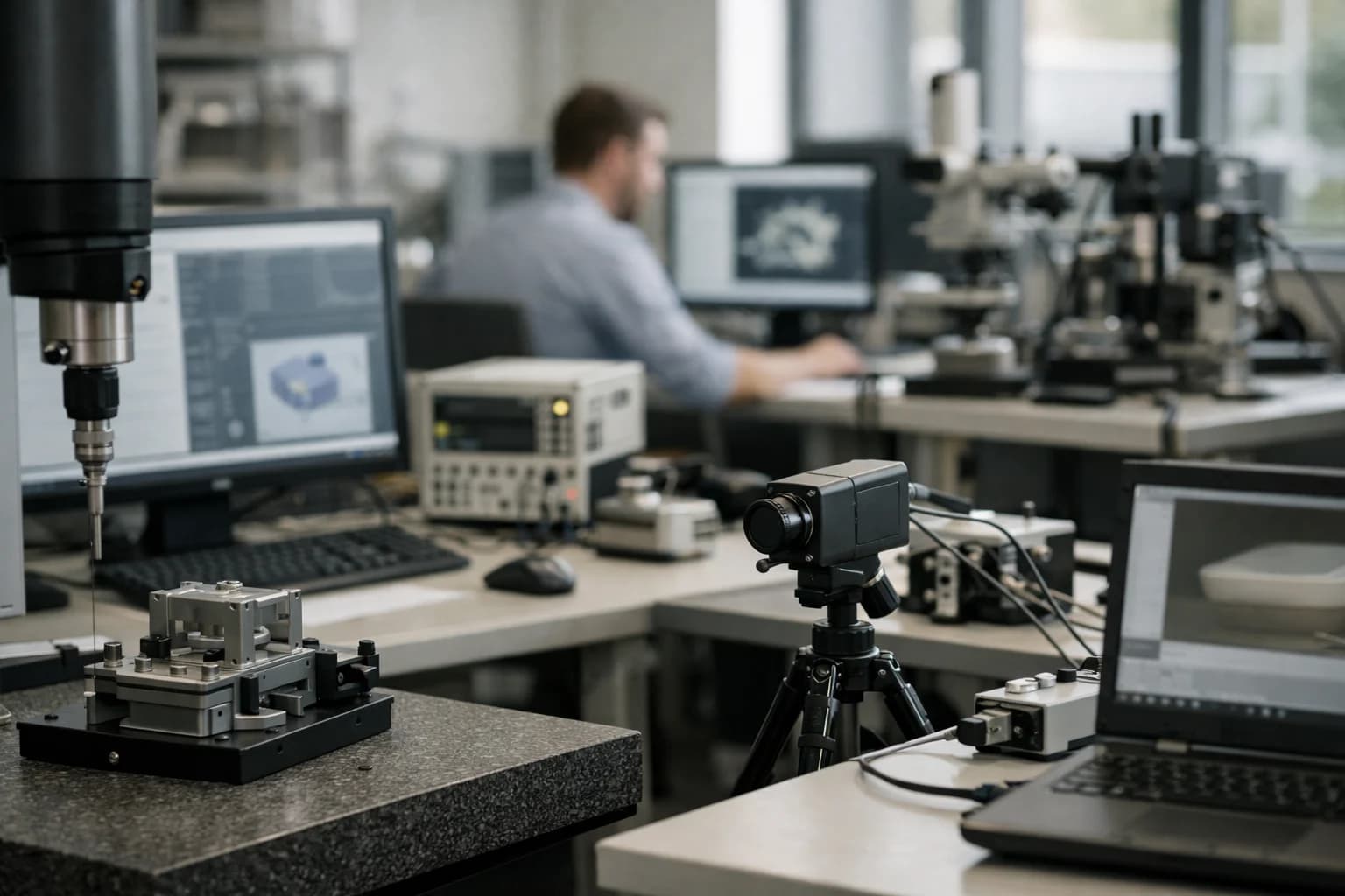 Technical lab environment with sensor equipment and analytical workstations.