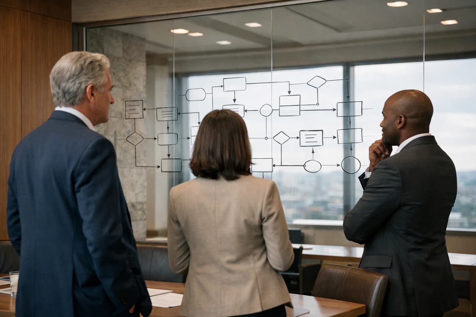 Editorial photo of executives reviewing an AI workflow diagram on a glass wall.