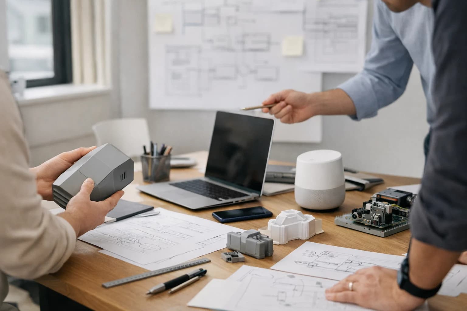 Product collaboration scene with devices, prototypes, and AI feature planning materials.