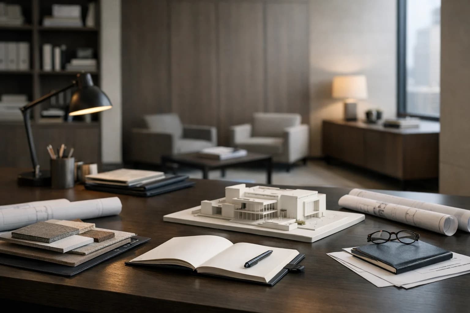 Quiet executive office with architecture materials and premium enterprise atmosphere.