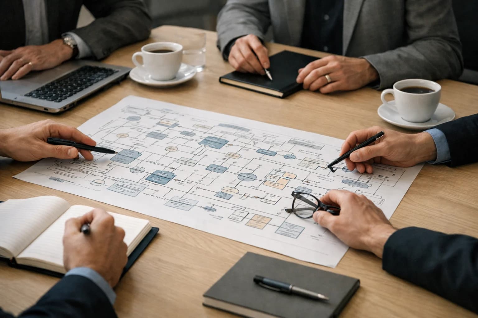 Leadership team gathered around a table reviewing an AI system plan.