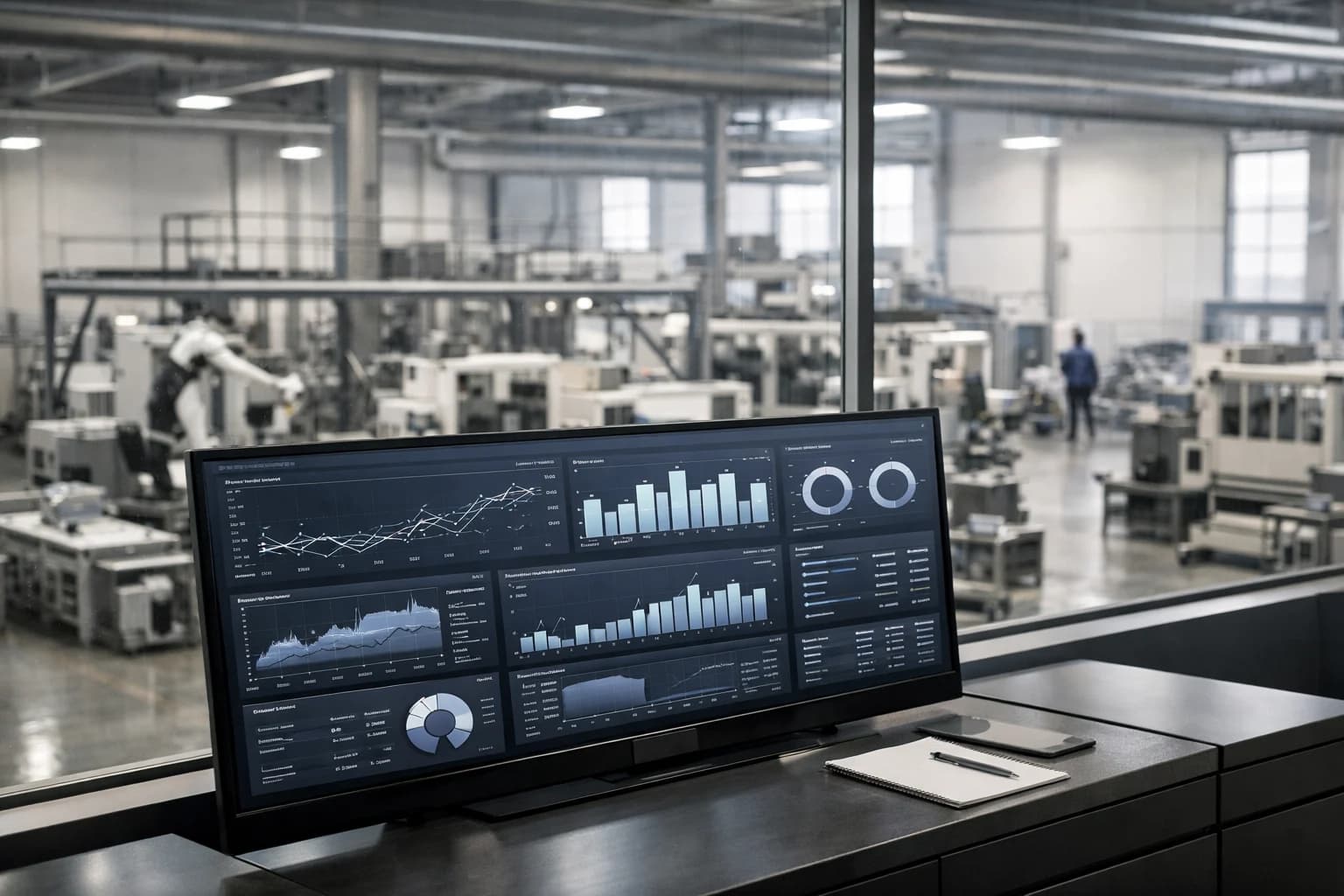 Industrial operations setting with digital oversight and performance displays.