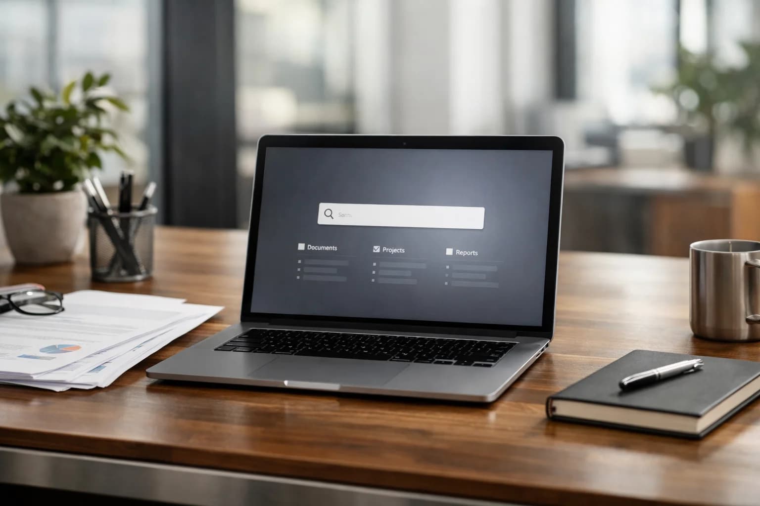 Workspace arranged around documents and an enterprise retrieval interface.