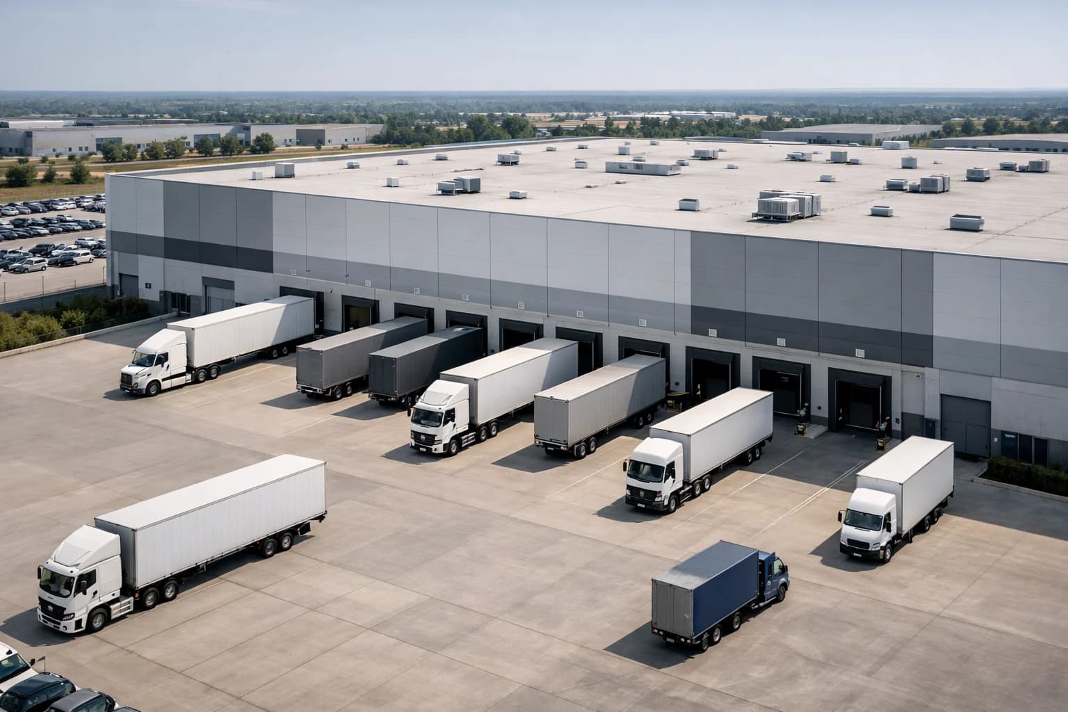 Logistics warehouse with trucks at loading bays representing operational AI systems.